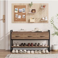 Shoe Bench, 39.4" Shoe Storage with Cushion, Industrial Rack Organizer with Fabric Drawers for Entryway, Hallway, Brown