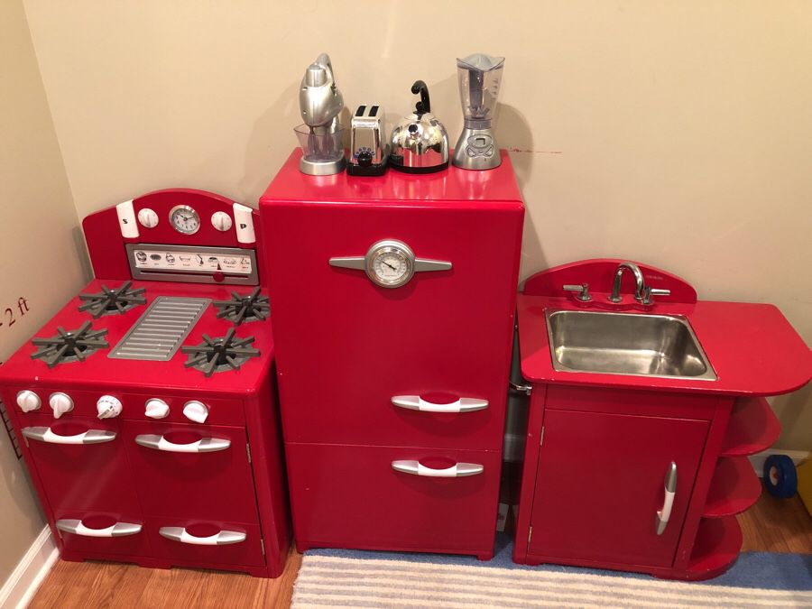 Pottery Barn kids Retro red kitchen set- includes refrigerator, sink, oven  and 4 stainless steel PBK small kitchen appliances. for Sale in Olathe, KS  - OfferUp