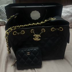 Channel Drawstring Bag With Matching Channel Wallet 
