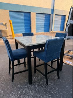 Modern High Top Dining Set – Blue Velvet Chairs