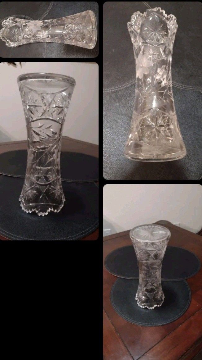 Crystal Corset Vase Floral Etched Heavy 12"