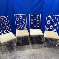 Set Of 8 Solid Metal Gold Dining Chairs w/ Beige Upholstery