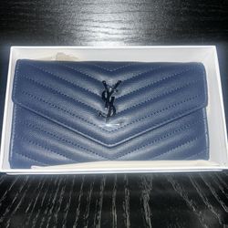 Yves Saint Laurent (YSL) Blue Chevron Quilted Envelope Wallet / Clutch – Snap Closure 