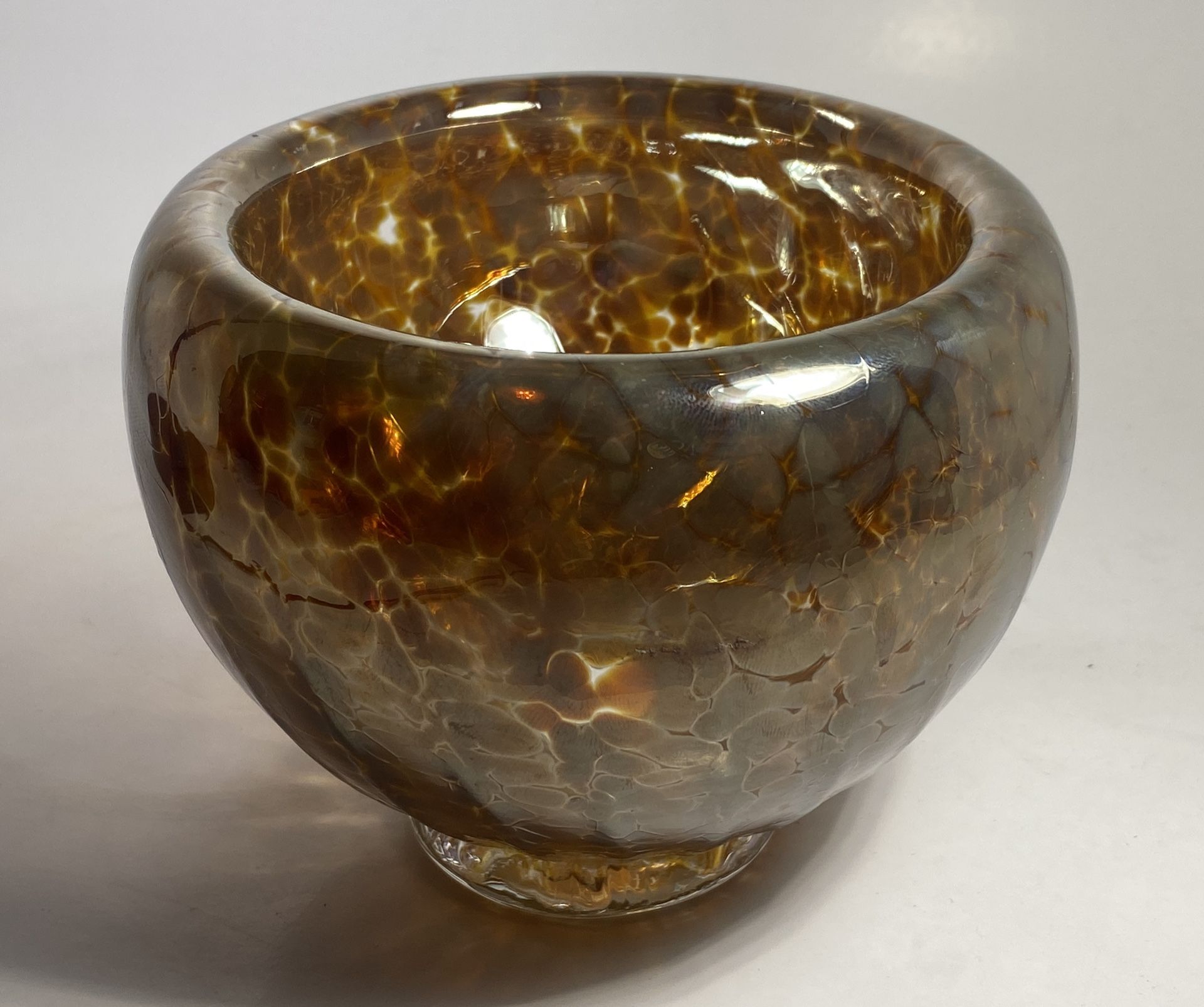Hand Blown Glass Amber Spots Footed Bowl Artist Signed 1997