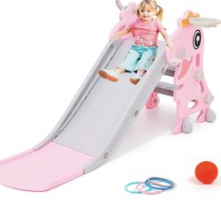 Ealing Toddler Slides for Age 1-3, Indoor Outdoor Playset with Basketball Hoop, Foldable Baby Climber Toy,Pink