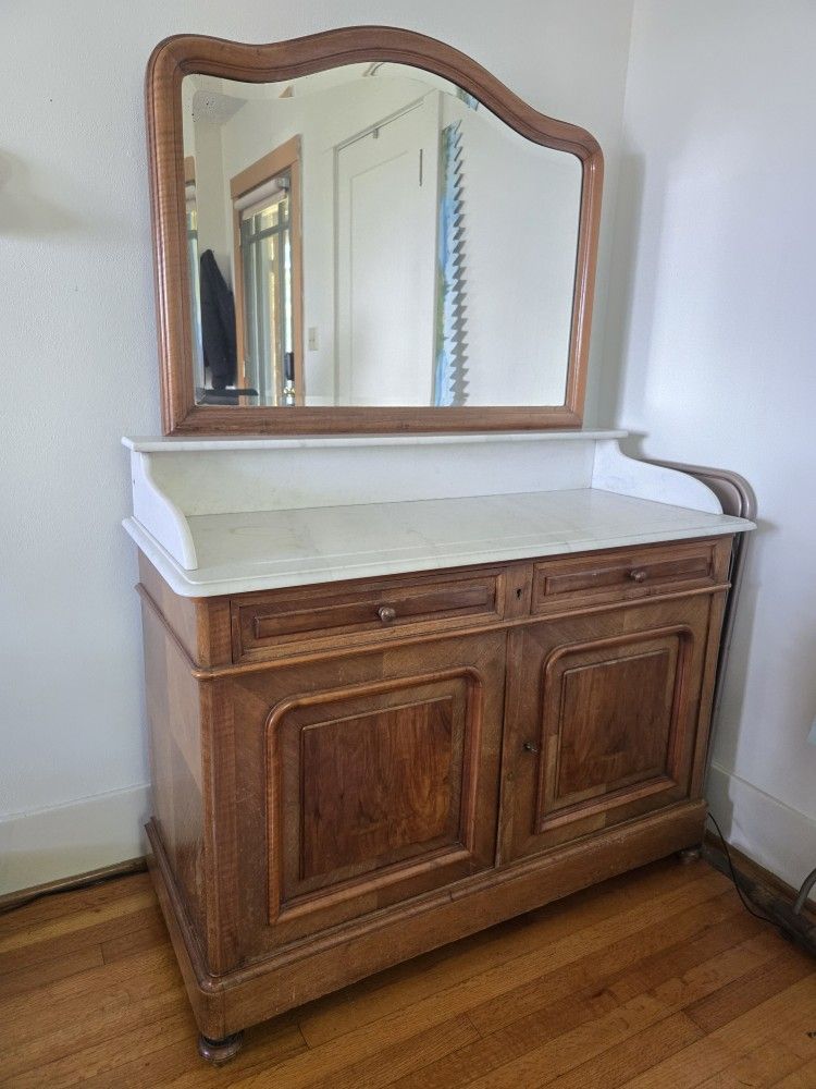 1890 Antique Washstand With Marble Top And Beveled Mirror