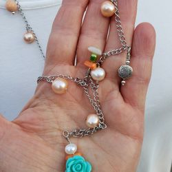 BRAND NEW GEM STONE STAINLESS STEEL NECKLACE 35"