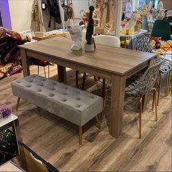 Oak Wood Dining Table Set With Ottoman Bench