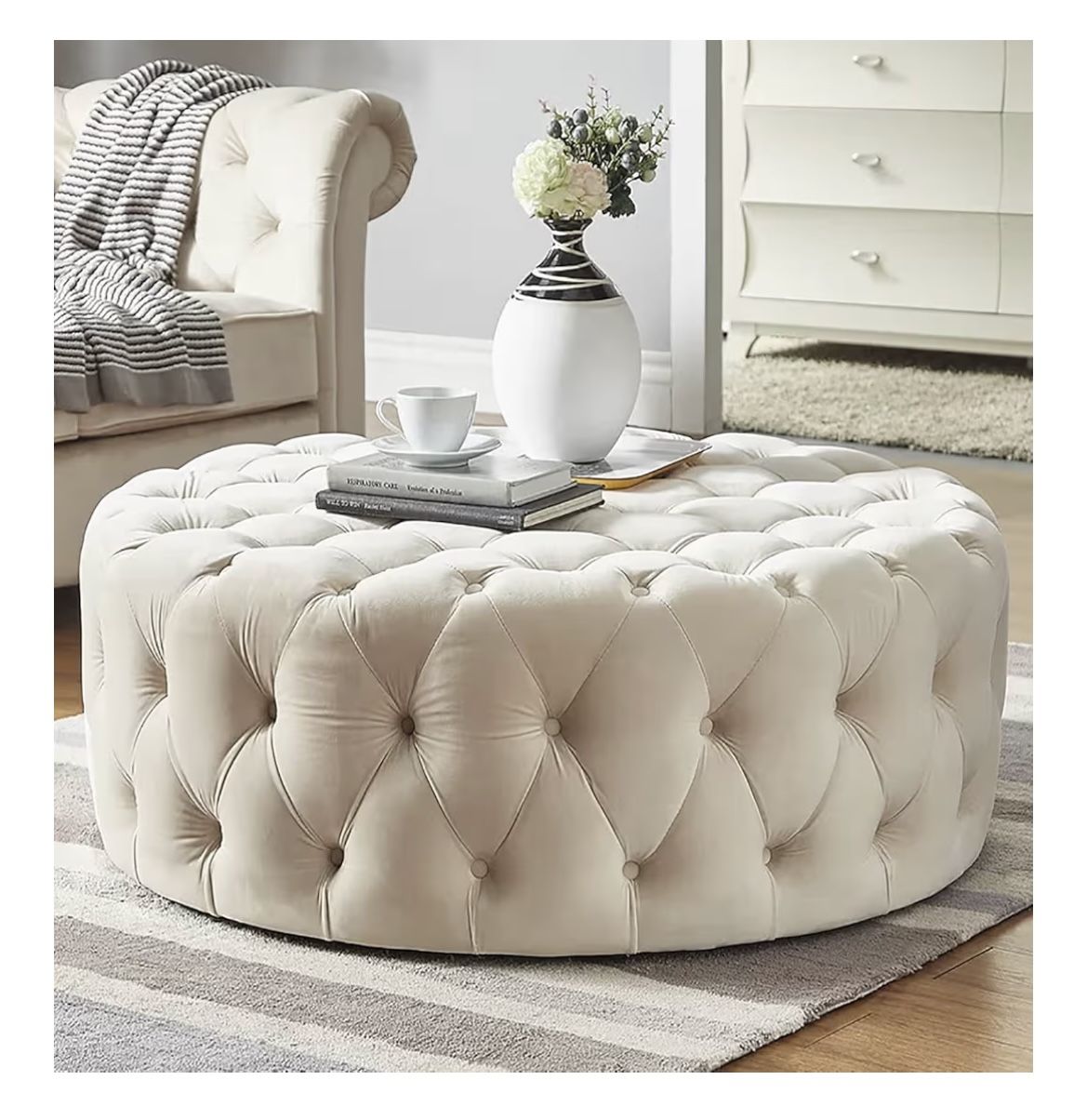 Round Velvet Ottoman - Modern and Luxurious