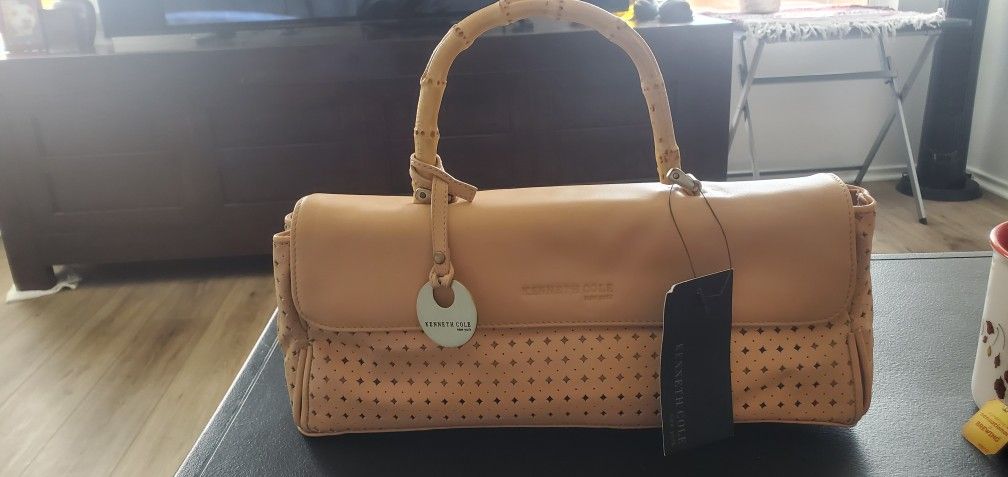 Kenneth Cole Peach Leather Handbag w/ Bamboo Handle