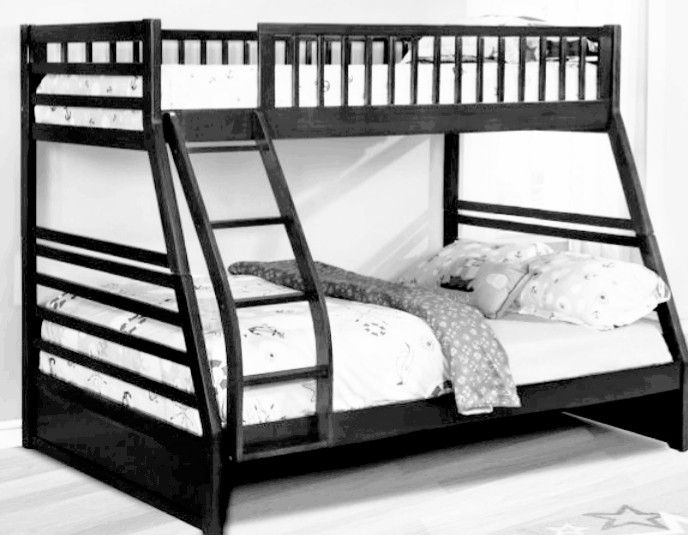 Gray wood bunkbed full size bottom & twin size top bed