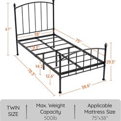 Twin Metal Bed Frame | Sturdy & Durable | Supports Up to 500 lbs | Simple & Stylish Design |
