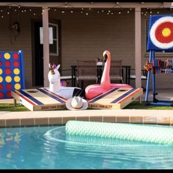 Connect 4, CornHole Set , Axe Throw, Pool Float