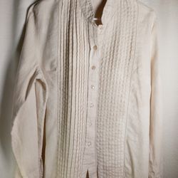 Size 14 JM Collection Women Linen Tunic Shirt Long Roll Sleeves Button Beige