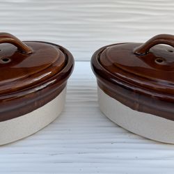 2 Gorgeous Vintage Glazed Stoneware Lidded Bean Pots Casserole Dishes