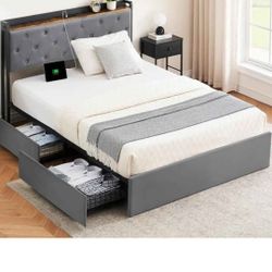 IDEALHOUSE Queen Size Bed Frame with Upholstered and Storage, 4 Storage Drawers, Velvet Upholstered Headboard, Queen Bed Frame with Charging Station, 