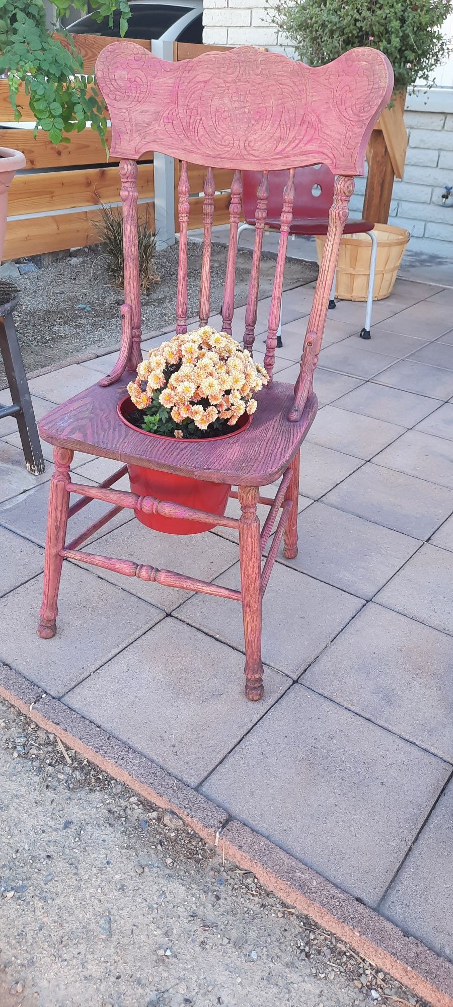 Two solid Oak Chairs coverted to Flower Pot Chairs! One for 20.00 OR Two for 30.00) VERY UNIQUE!!