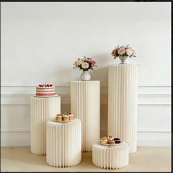 Jueraori Cylinder Pedestal Stands for Birthday, Baby Shower and wedding party , 5-Piece Set- White Accordion Paper Pedestal Display Stand Set