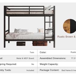 Bunk Bed Twin Over Twin, Heavy Duty Metal Bed with Ladder and Full-Length Guardrail, Under-Bed Storage Space, No Box Spring Needed, Noise Free, Rustic