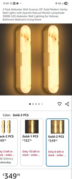 2 Pack Alabaster Wall Sconces 20" Gold Modern Vanity Wall Lights with Spanish Natural Marble Lampshade 3000K LED Alabaster Wall Lighting for Hallway B
