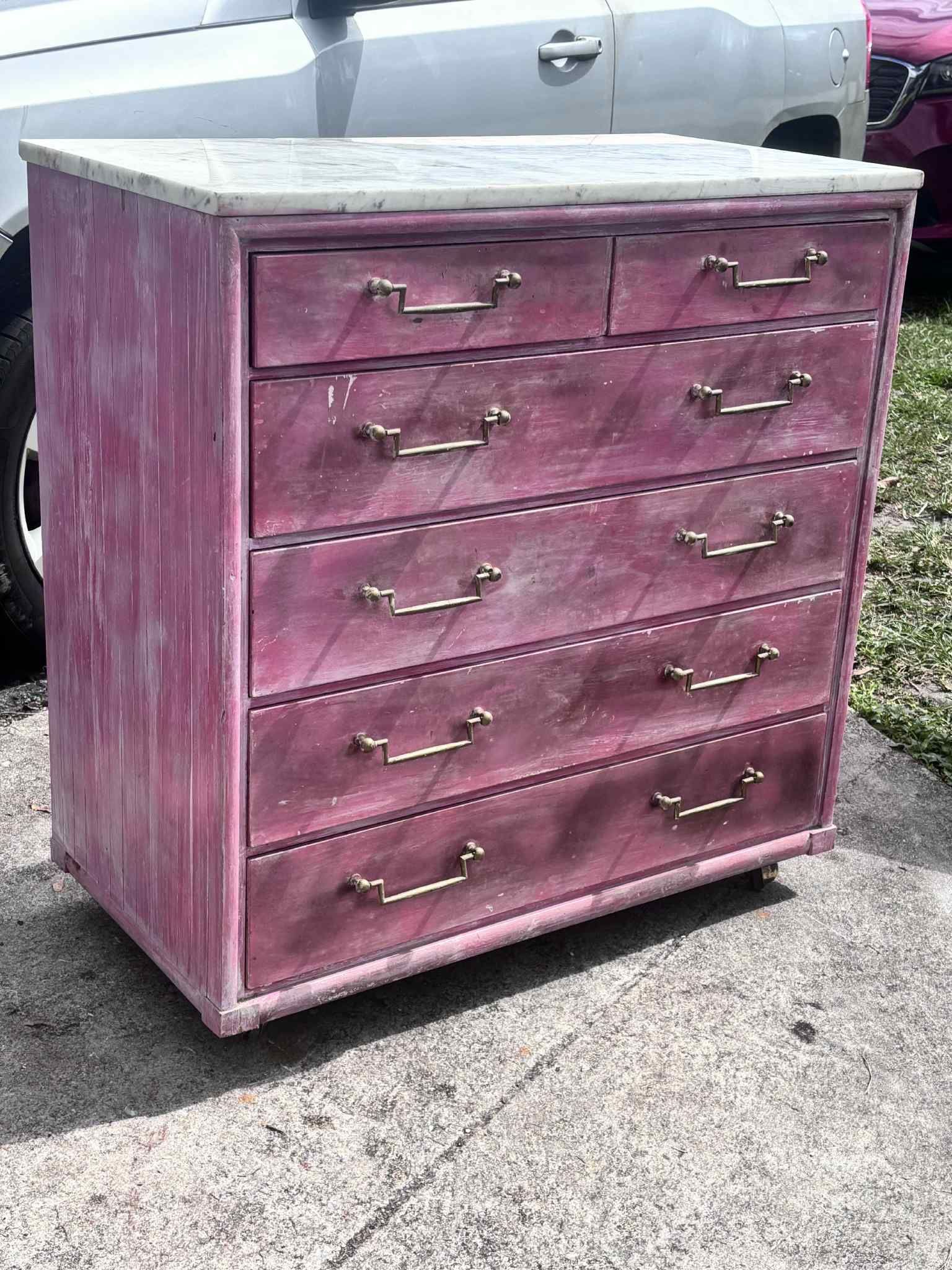 Antique Dresser On Wheels With Marble Top 35.5”Lx6.5”Wx37”H