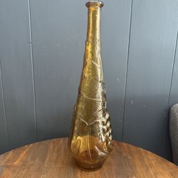 Antique Amber Glass Bottle with Embossed Floral and Grape Design - Vintage Decorative Vase