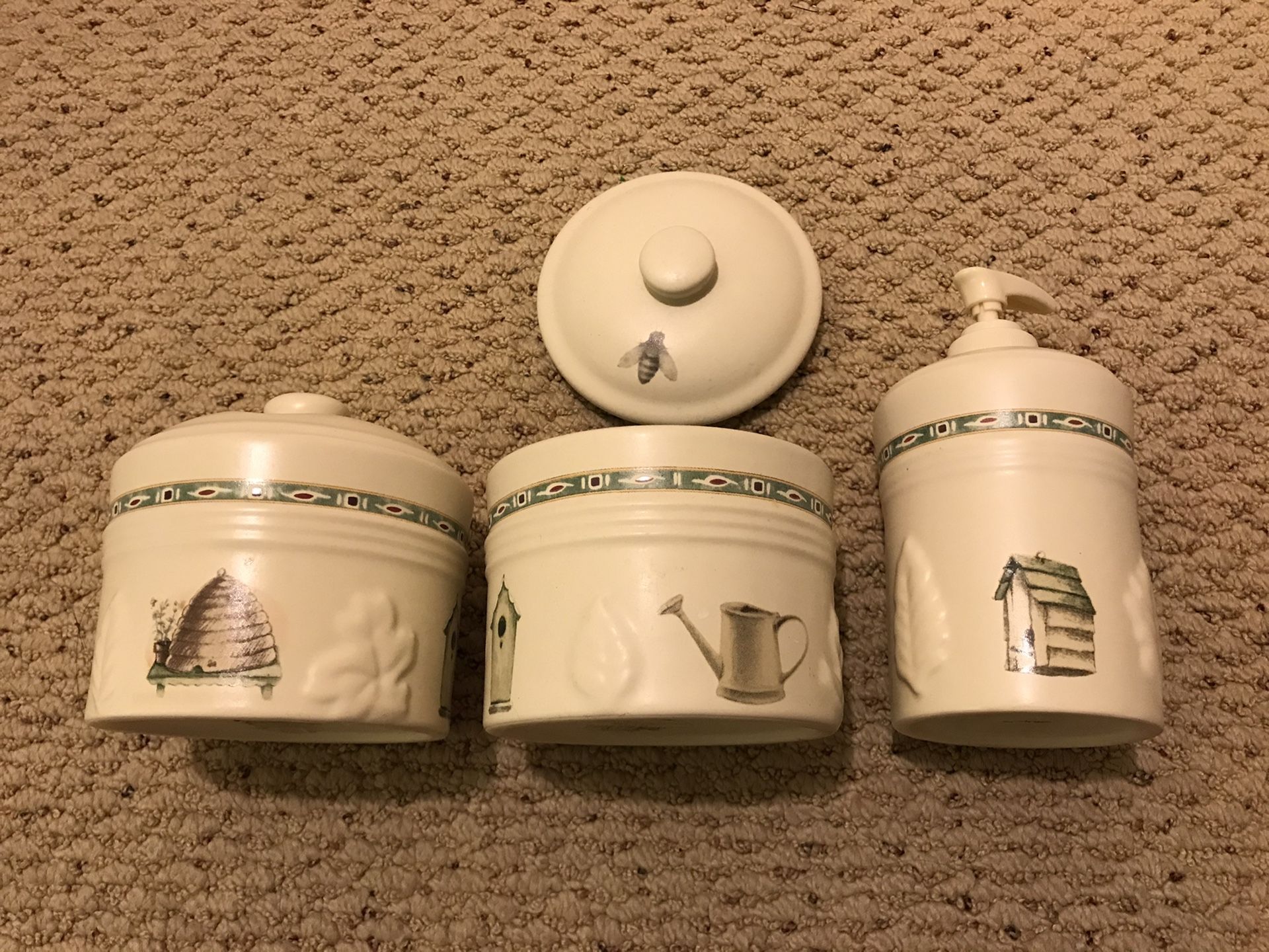 Pfaltzgraff Bathroom set: Toothbrush holder, Soap dispenser and Cotton jar