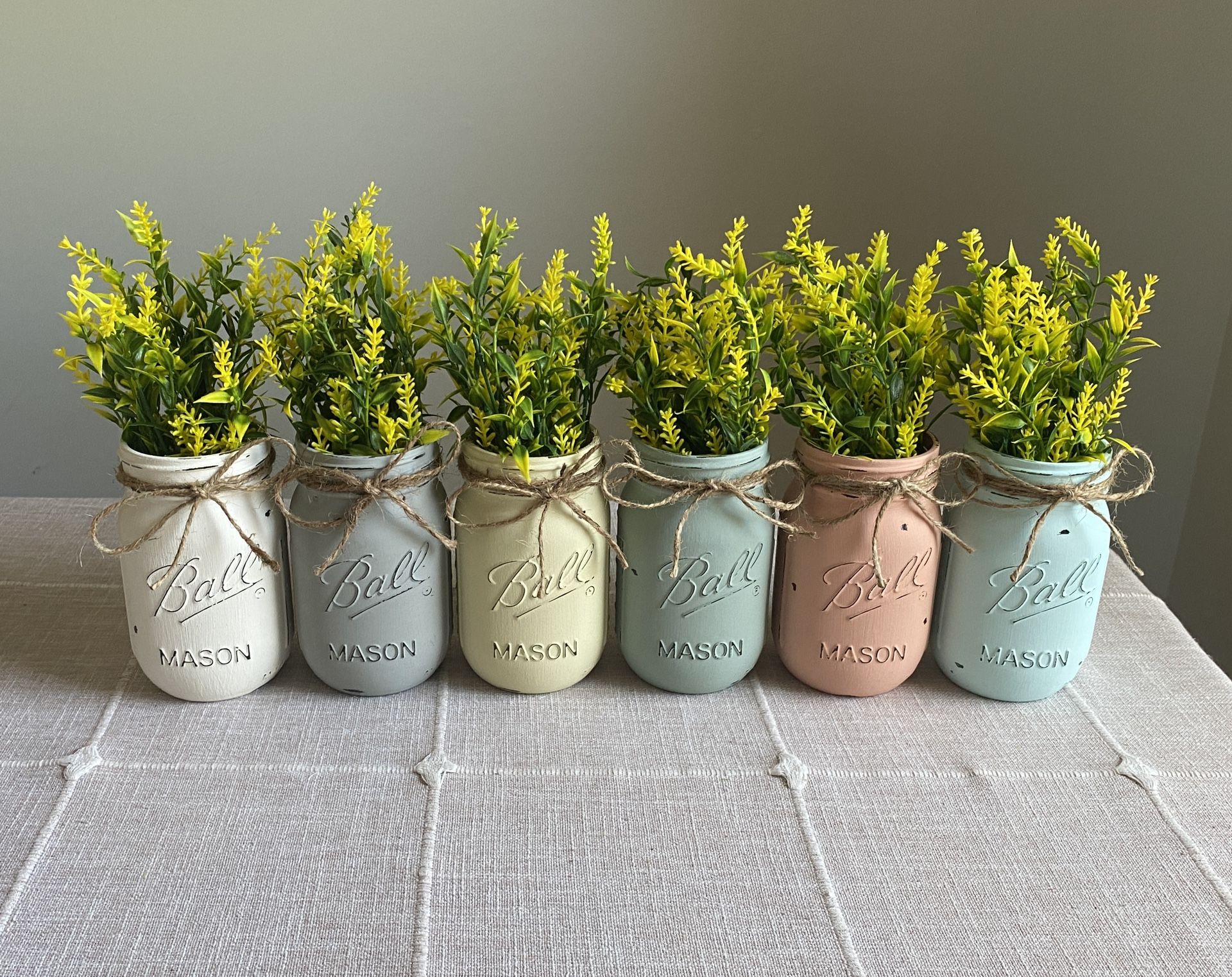 Chalk Painted & Distressed Mason Jar Vases w/faux Flowers Included 6 for $32