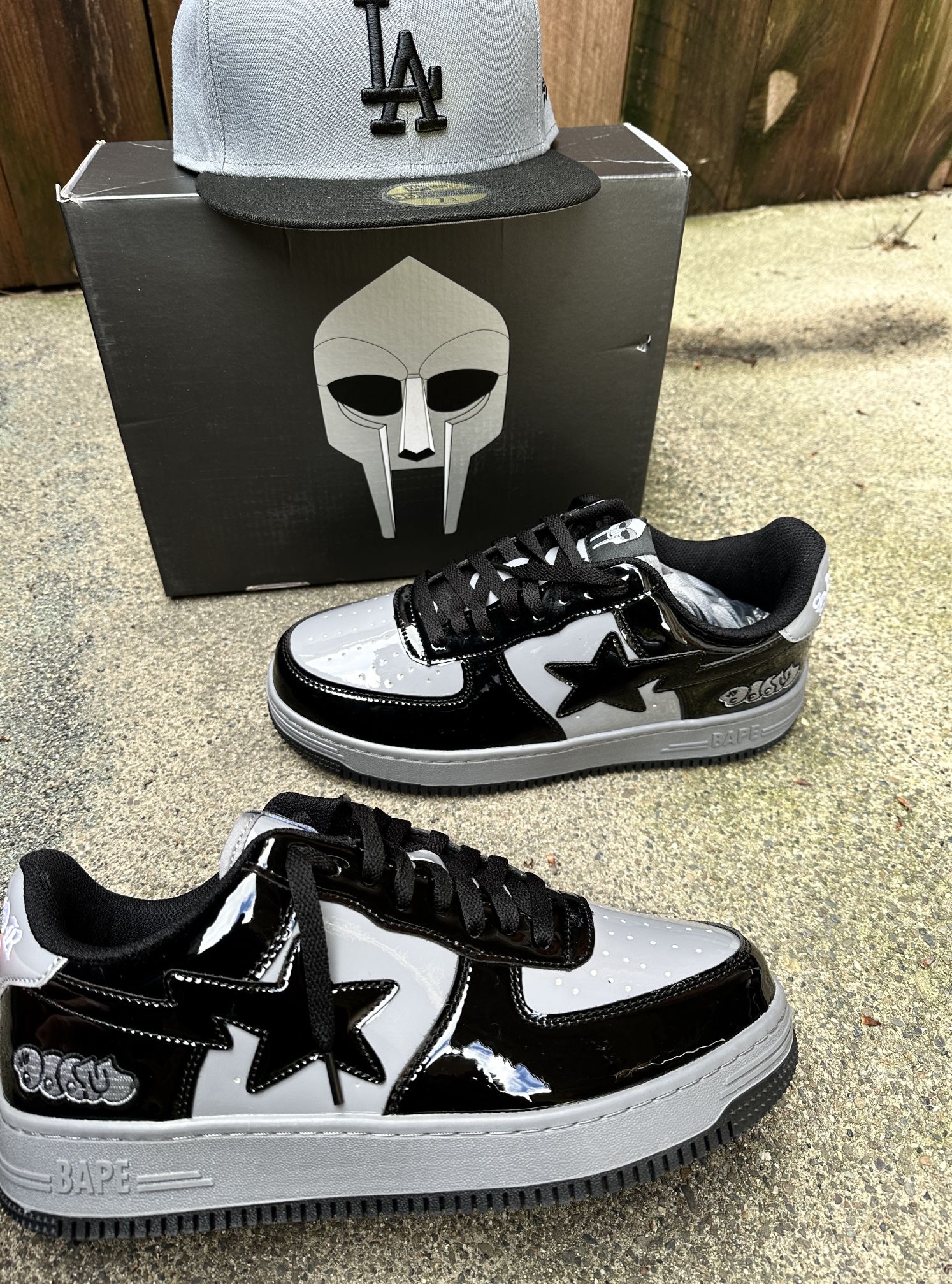 Doomsta OG Bape Shoes Black Grey Patent Leather Size 9.5 New