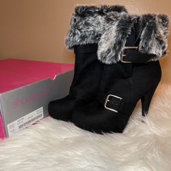 Shoedazzle Plush faux-suede bootie with cuffed faux-fur trim and buckles