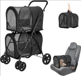 Double Pet Stroller 2 Dogs Cats Detachable Carriers 4 Wheel Black NEW