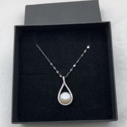 S925 Sterling Silver Micropaved Pear Drop Pearl Pendant Necklace