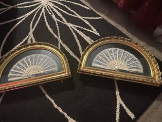 Framed Antique Asian Hand Fan with Black and White Design in Gold Frame