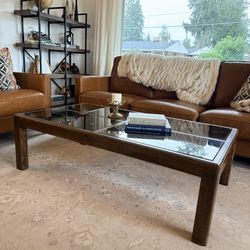 Vintage Smoke Glass Coffee Table – Wood & Brass – 54" Mid Century Style