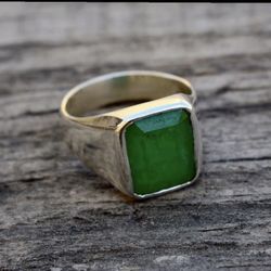 Natural High Quality Green Emerald Mens Ring 925 Sterling Silver Ring Handmade 11.5