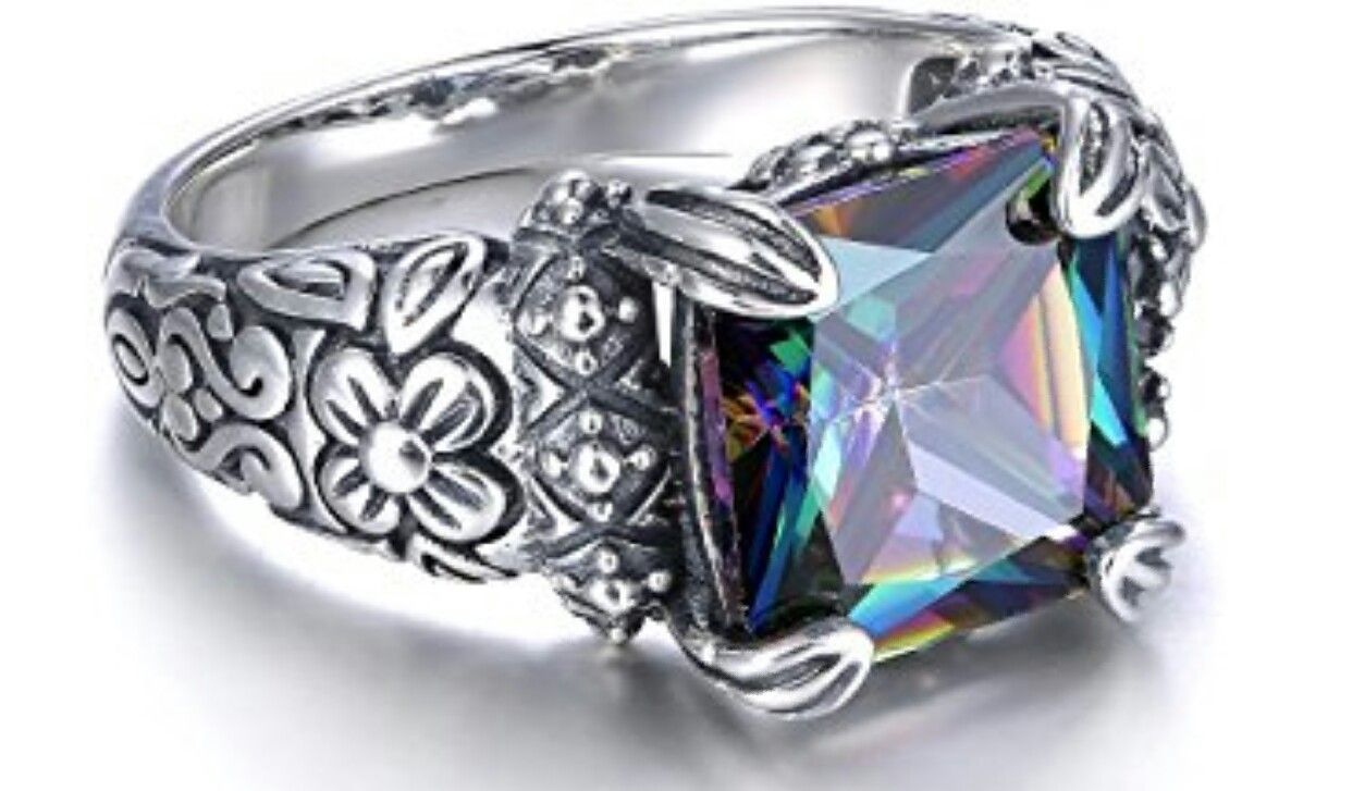 925 Sterling Silver Floral Band Created Mystic Rainbow Topaz Ring