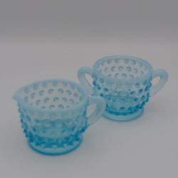 Vintage Fenton Blue Opalescent Hobnail Glass 2" Sugar & Creamer