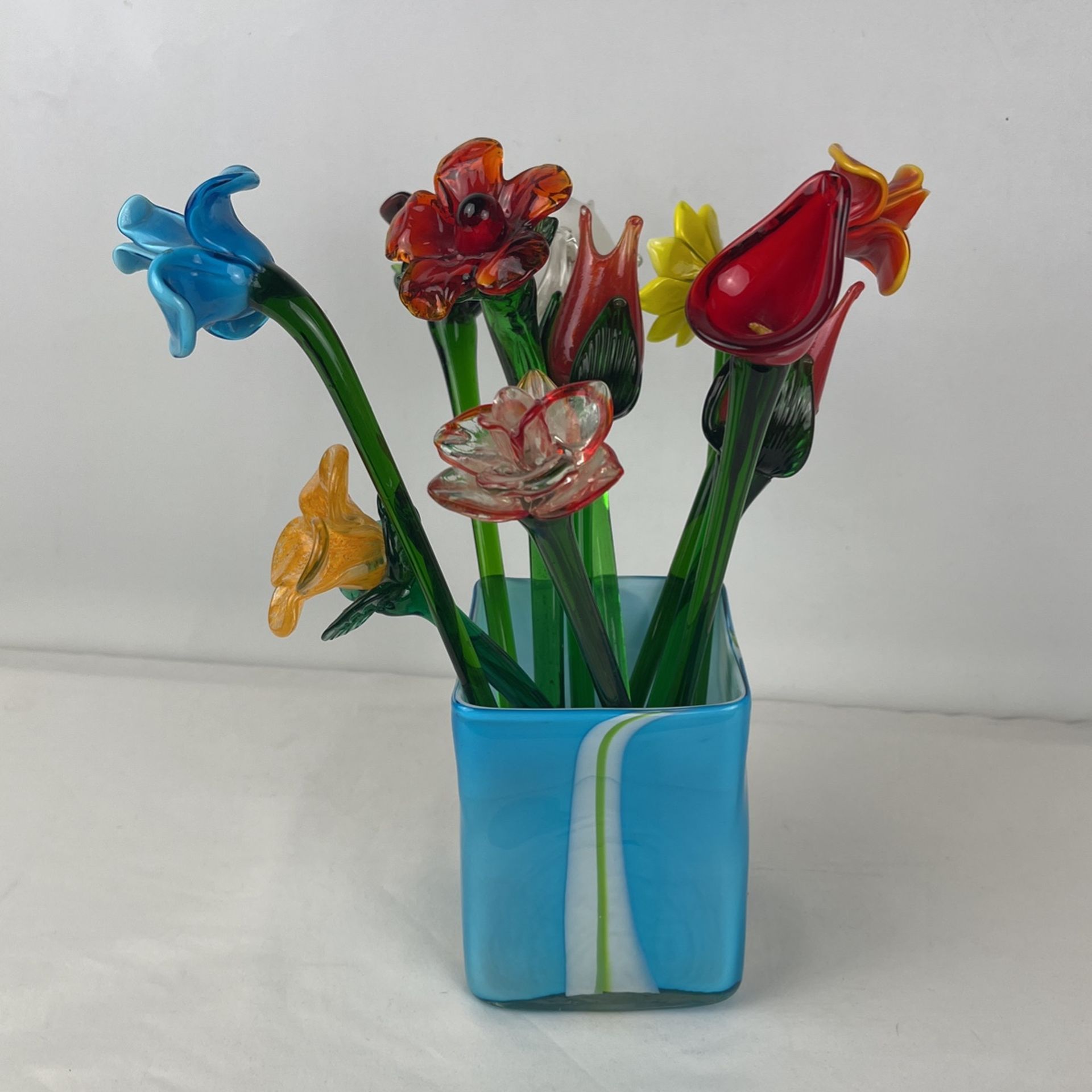 Hand Blown Art Glass Flowers Lot/11 Long Stem Rose Flowers Murano Style And Vase