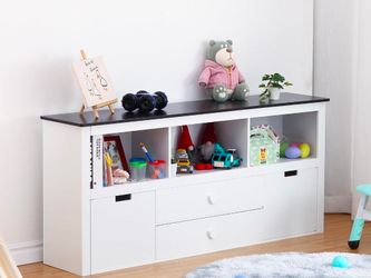 Toy Storage Cabinet with Movable Drawers, Blackboard Top, Classroom Bookcase for Bedroom, Playroom, Nursery, Kindergarten, White