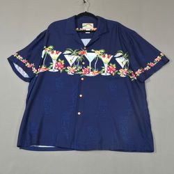 Paradise Found Hawaiian Shirt Mens XL Martini Tiki Navy Rayon Aloha Short Sleeve