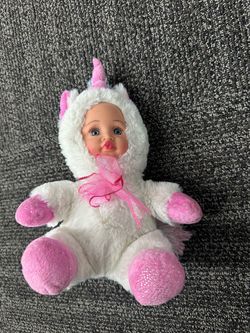 Megatoys Unicorn Baby Doll 10in Plush Soft Body Blue Eyes White Pink Hood