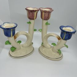 Ceramic Double Taper Candle Holder Red & Blue Tone Tulips JAPAN scroll design 7”