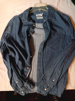 $5, Dark blue button down shirt