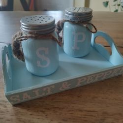 Hand Painted Salt And Pepper Shaker Set With Tray