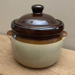 Vintage Pottery Bean Pot Three-Tone Brown Glazed