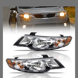 Headlight Assembly for 2010-2013 Kia Forte/Koup LX EX SX, Passenger & Driver Side Halogen Headlamp with Clear Lens Black Housing Amber Reflector, 1 Pa