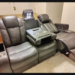 Turbulance Gray Electric/ Power Reclining Sofa with Adjustable Headrest, Cup Holders, USB Port, Drop Down Table💥 Brand New 🤩 Movie/ Living Room ✅