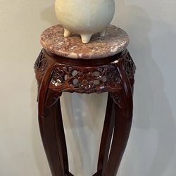 VTG Chinese Hardwood Carved Ornate Red Marble Top Pedestal Plant Table 36”+ Rare ✅FREE SHIPPING 🇺🇸