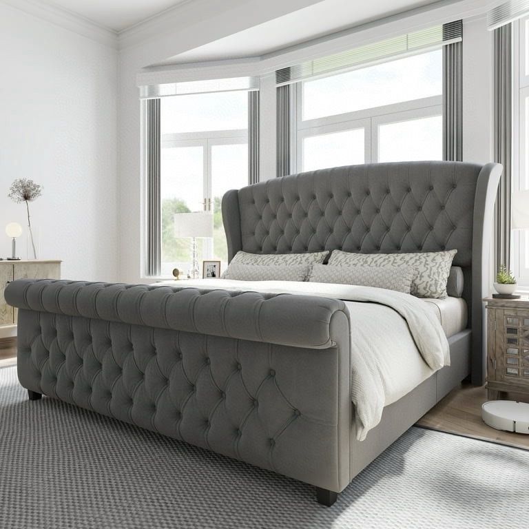 Queen Size Platform Bed Frame, Velvet Upholstered Sleigh Bed with Scroll Wingback Headboard & Footboard gray