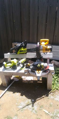 Tools tools lots of tools all Ryobi battery operated tools come with battery and charger does the DeWalt chop saw only a couple months old